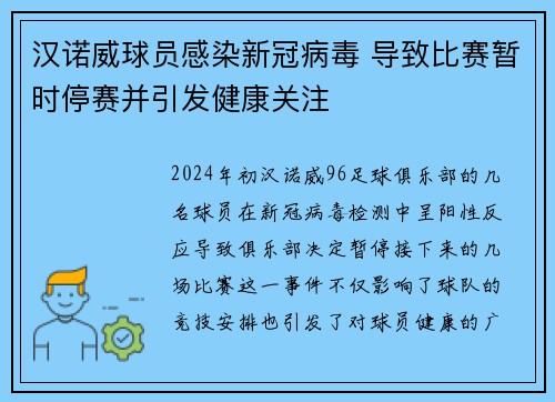 汉诺威球员感染新冠病毒 导致比赛暂时停赛并引发健康关注