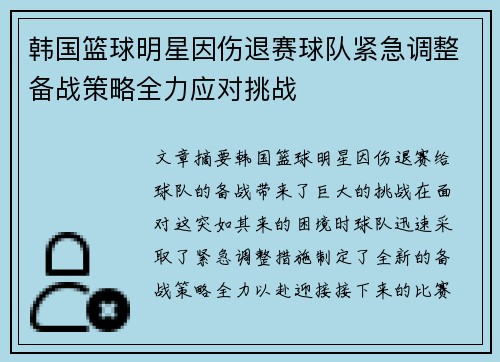 韩国篮球明星因伤退赛球队紧急调整备战策略全力应对挑战