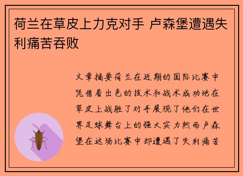 荷兰在草皮上力克对手 卢森堡遭遇失利痛苦吞败