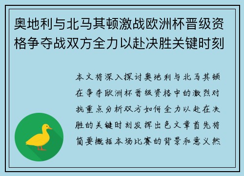 奥地利与北马其顿激战欧洲杯晋级资格争夺战双方全力以赴决胜关键时刻