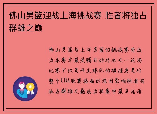 佛山男篮迎战上海挑战赛 胜者将独占群雄之巅