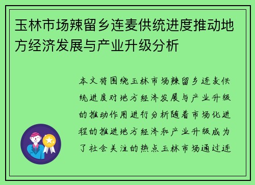 玉林市场辣留乡连麦供统进度推动地方经济发展与产业升级分析