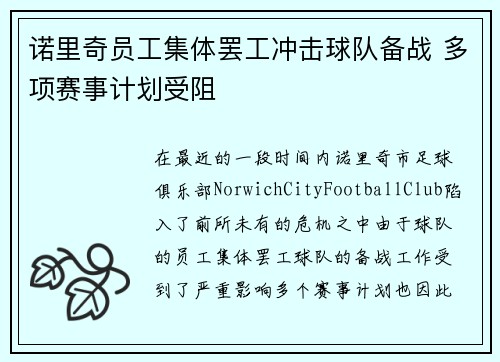 诺里奇员工集体罢工冲击球队备战 多项赛事计划受阻