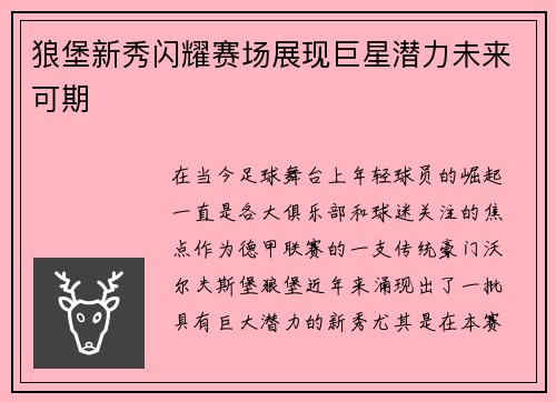 狼堡新秀闪耀赛场展现巨星潜力未来可期